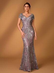 Serin Elegante vestido mini ajustado con cola de pez, manga abullonada, cuello en V, contraste gris y rosa, bordado de malla con cuentas, perfecto para cena formal, fiesta, cita, vacaciones, boda, vestido de madre de la novia