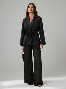 SHEIN Tall 2件組女款休閒純色長袖前綁帶襯衫與長褲套裝，商務休閒風，適合高個女性 - 黑色 - 查看 3