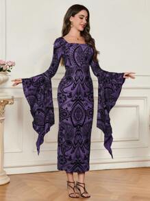 Modelyn Women's Long Sleeve Ruffle Cuff Elegant Flocked Midi Dress, Fitted, Autumn/Winter Fall Cloth For Women - Purple - View 5
