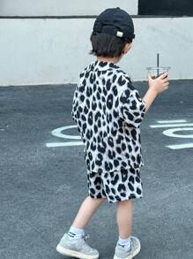 SHEIN 2 Pieces Young Boy Casual Sports Leopard Print Shirt And Shorts Set,Summer Kids Outfits For School,Daily Leisure,Vacation,Travel,Birthday Party - Multicolor - View 7