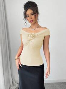 Elenzga Valentine's Day Romantic Red Rose Ruched Fitted Off Shoulder T-Shirt - Apricot - View 5