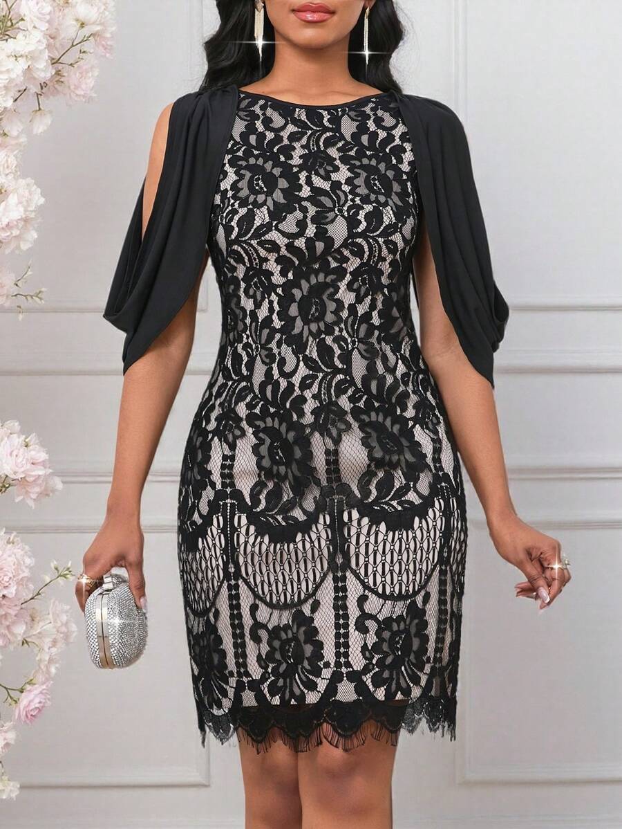 SHEIN Lady Váy dự tiệc cưới ren hoa tay xẻ tà cho nữ Váy cổ tròn kỷ niệm ngày cưới Trang phục mùa hè thanh lịch, kín đáo cho nữ Trang phục hòa nhạc Váy kín đáo cho nữ Trang phục nghỉ mát thanh lịch Váy đi nhà thờ thường ngày cho nữ - màu đen - Xem 1