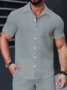 Manfinity Homme 男士纯色短袖单排扣休闲商务衬衫 - 霧霾藍 - 查看 6