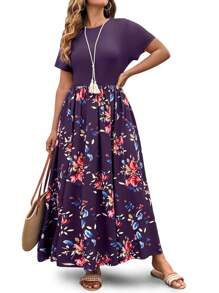 SHEIN Clasi Vestido casual de punto con flores y bolsillos laterales para mujer de talla grande, con cintura favorecedora, apropiado para el día a día y vacaciones en la playa