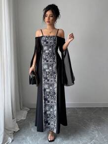 Chiquease 女士优雅仿刺绣露肩雪纺喇叭下摆连衣裙 - 黑色 - 查看 3