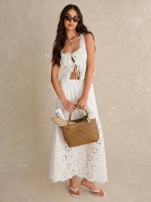 Poéselle Long White Skirt,White Skirts For Women,Hollow Embroidered Fabric,Boho,Women's Vacation Casual Solid Hollow Out Embroidery Patchwork Skirt Women Skirts Summer Skirts For Women - White - View 2
