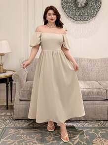 Dazy Plus Plus Size Chiffon Puff Sleeve Off Shoulder Wrap Dress With Flared Hem