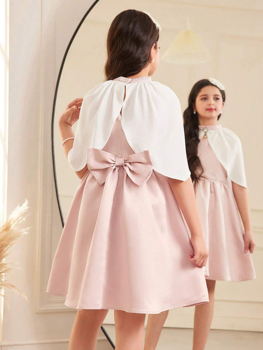 SHEIN Tween 女童撞色圆领无袖后背 V 领连衣裙,配圆领斗篷,2 件套 - 粉色 - 查看 1