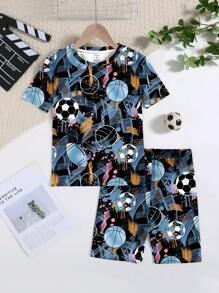 SHEIN Leap Crew Tween Boy Casual Minimalist Football Pattern Snug Fit Short Sleeve Shorts Pajama Set, Comfortable For Spring And Summer - Multicolor - View 1