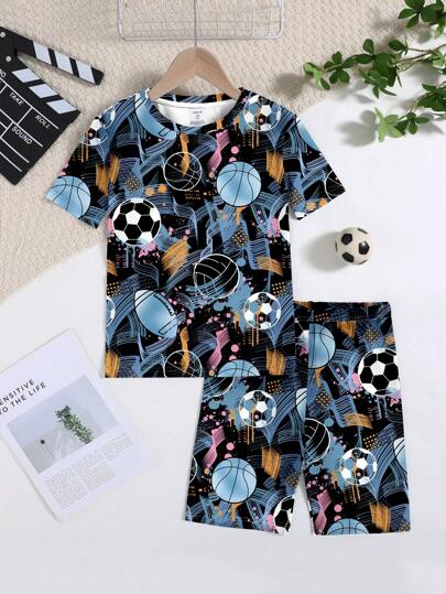 SHEIN Leap Crew Bộ đồ ngủ quần short tay ngắn vừa vặn họa tiết bóng đá đơn giản cho bé trai tuổi mới lớn, thoải mái cho mùa xuân và mùa hè