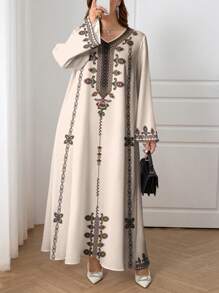 Al Najma Plus Size Arabian Dress: Elegant Woven Fabric Maxi Dress With V Neck And Long Sleeves, Featuring Embroidery And A Flared Hem, Perfect For Modest Style Fall Clothes Winter Clothes Chic Dress - White - View 1