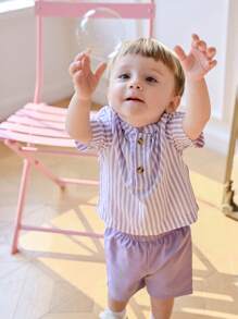 Souflis Souflis Set 2 Potong Baju Lengan Pendek Berkerah Tegak Bergaris dan Celana Pendek Kasual Ungu untuk Bayi Laki-laki - Purple - View 5