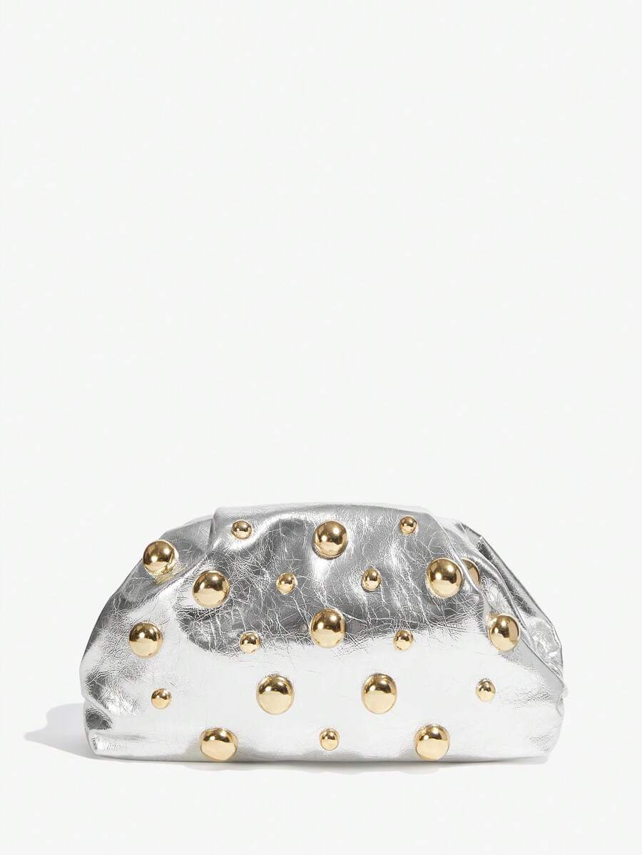 SHEIN SXY Tas Clutch Wanita, Modis, Elegan, Sederhana, Dipersonalisasi, Serbaguna, Klasik, Emas, Paku Keling Ukuran Asimetris, Untuk Perjalanan, Kantor, Kencan, Sehari-hari, Belanja, Minum Teh Sore - Perak cerah - View 1