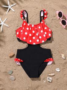 1pc Girls' Cute One-Piece Ruffled Swimsuit With White Polka Dot Pattern On Red Background, Ruffled Straps & Hem - Multicolor - View 1