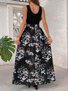 SHEIN Clasi Summer Vacation Outfits Women's New Fashion Woven Print Patchwork Knit Solid Color Jumpsuit Country Outfits Women Beach Vacation Outfits Enterizo Summer Outfits For Women Easter Romper Women Prom Romper Spring Outfits For Women - Multicolor - View 2