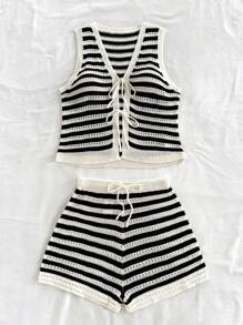 Soleia 女士条纹无袖针织短款上衣和短裤套装，简约时尚 - 黑與白 - 查看 9