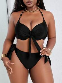 Slaydiva 加大码可调节钢圈金属拼接比基尼套装 - 黑色 - 查看 3