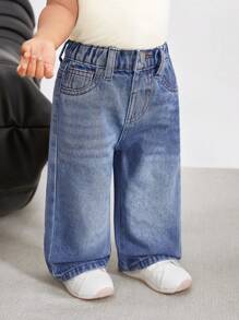SHEIN Pantalones largos de mezclilla de estilo minimalista para bebé niña, adecuado para el verano - Azul lavado medio - Ver 4