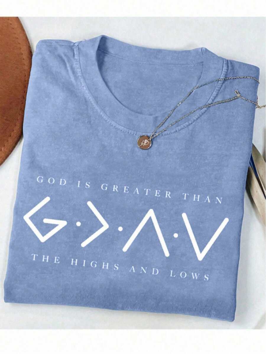 女士标语印花圆领短袖休闲 T 恤 - 藍色 - 查看 1