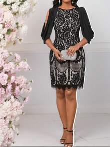 SHEIN Lady Váy dự tiệc cưới ren hoa tay xẻ tà cho nữ Váy cổ tròn kỷ niệm ngày cưới Trang phục mùa hè thanh lịch, kín đáo cho nữ Trang phục hòa nhạc Váy kín đáo cho nữ Trang phục nghỉ mát thanh lịch Váy đi nhà thờ thường ngày cho nữ - màu đen - Xem 4