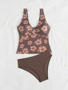 Swim Lushoire Swim Chicsea 女士随机印花吊带比基尼上衣和纯色下装套装 - 咖啡棕 - 查看 5