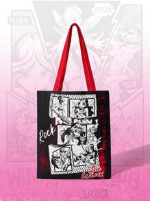 Winx Club X ROMWE Cartoon Printed Fashion Portable Tote Shoulder Bag For Women - Black - View 1