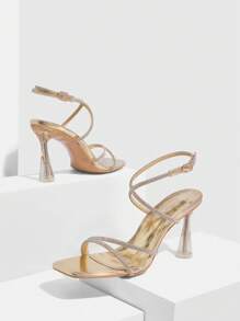 CUCCOO SZL Sandalias de mujer con punta cuadrada, cadena con rhinestones de color dorado, sandalias de tacón alto con talón transparente y punta abierta para vestido de fiesta - Dorado - Ver 6