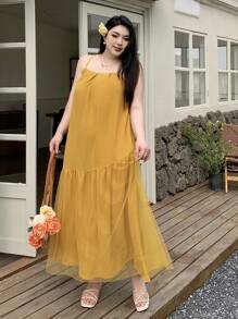 Dazy Plus Vestido maxi de verano para playa con abertura en la espalda, estilo holgado, unicolor, vestido con volantes para mujer, vestido amarillo, ropa de mujer, vestidos de verano