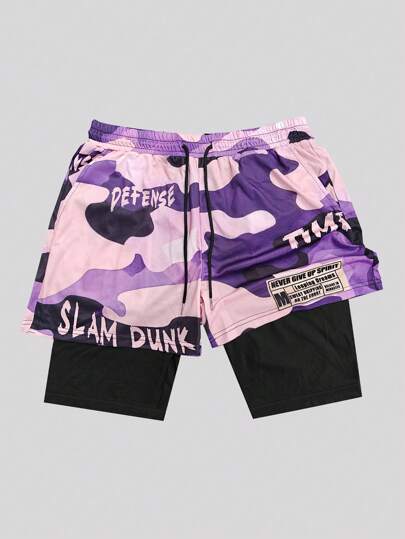 Men's Letter Camouflage Print Drawstring Waist Double Layer Shorts