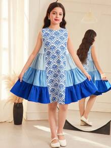 SHEIN Tweens Girls' Loose Elegant Round Neck Color Block Splice Side Layered Ruched Ombre Color Dress - Blue - View 1