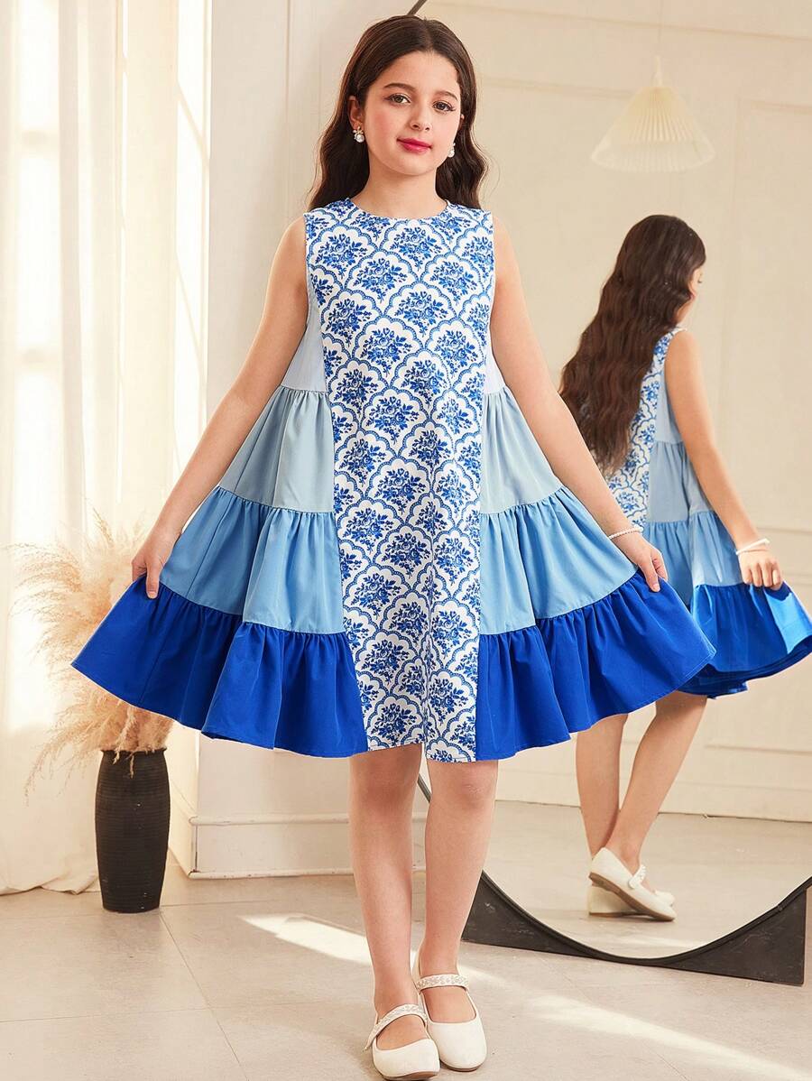 SHEIN Tweens Girls' Loose Elegant Round Neck Color Block Splice Side Layered Ruched Ombre Color Dress - Blue - View 1
