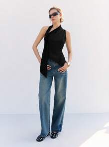 LYSMO Women's Spring And Summer Sleeveless Black Solid Color Asymmetrical Hem Suspender Fashion V-Neck Top Splicing Ribbon Shirt - Black - View 6