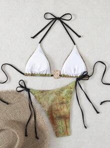 Swim Vcay Bộ đồ bơi bikini 2 mảnh họa tiết in gợi cảm cho nữ mùa xuân mới Halter Metallic - Nhiều màu - Xem 2