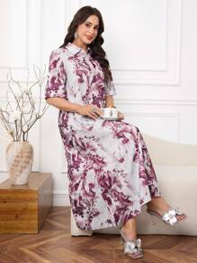 Lacomfia Women's Loose Ink Painting Print Long Sleeve Dress - Burgundy - View 3