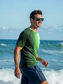 Manfinity Swimmode Men's Gradient Color Raglan Short Sleeve Casual Surfing T-Shirt Man Swim Trunks,Hawaiian, Men Swim Shirt Short Sleeve, Men S Rash Guard Shirt, Green Tshirt Men, Men Active Wear