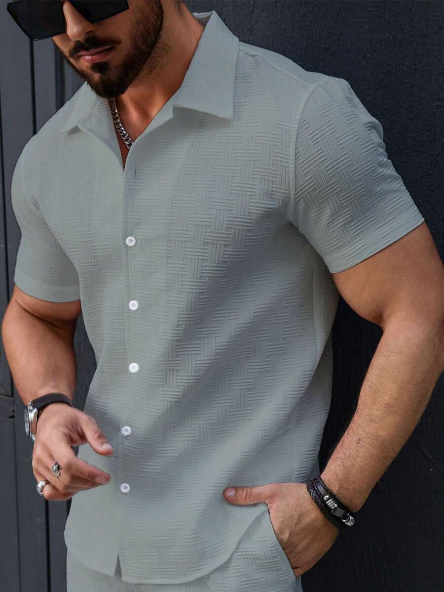 Manfinity Homme 男士纯色短袖单排扣休闲商务衬衫 - 霧霾藍 - 查看 1