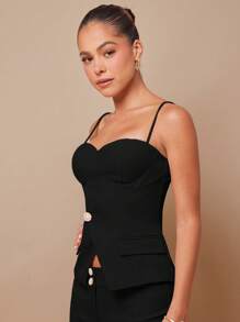 L'Amorae 优雅办公室不对称紧身胸衣，配金色纽扣 - 黑色 - 查看 3