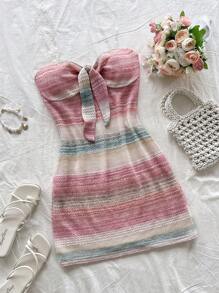 Soleia Women Floral Mesh Patchwork Colorful Knotted Front Sleeveless Slim Waist A-Line Mini Dress, Fit For Vacation, Party, Date, Afternoon Tea - Multicolor - View 5