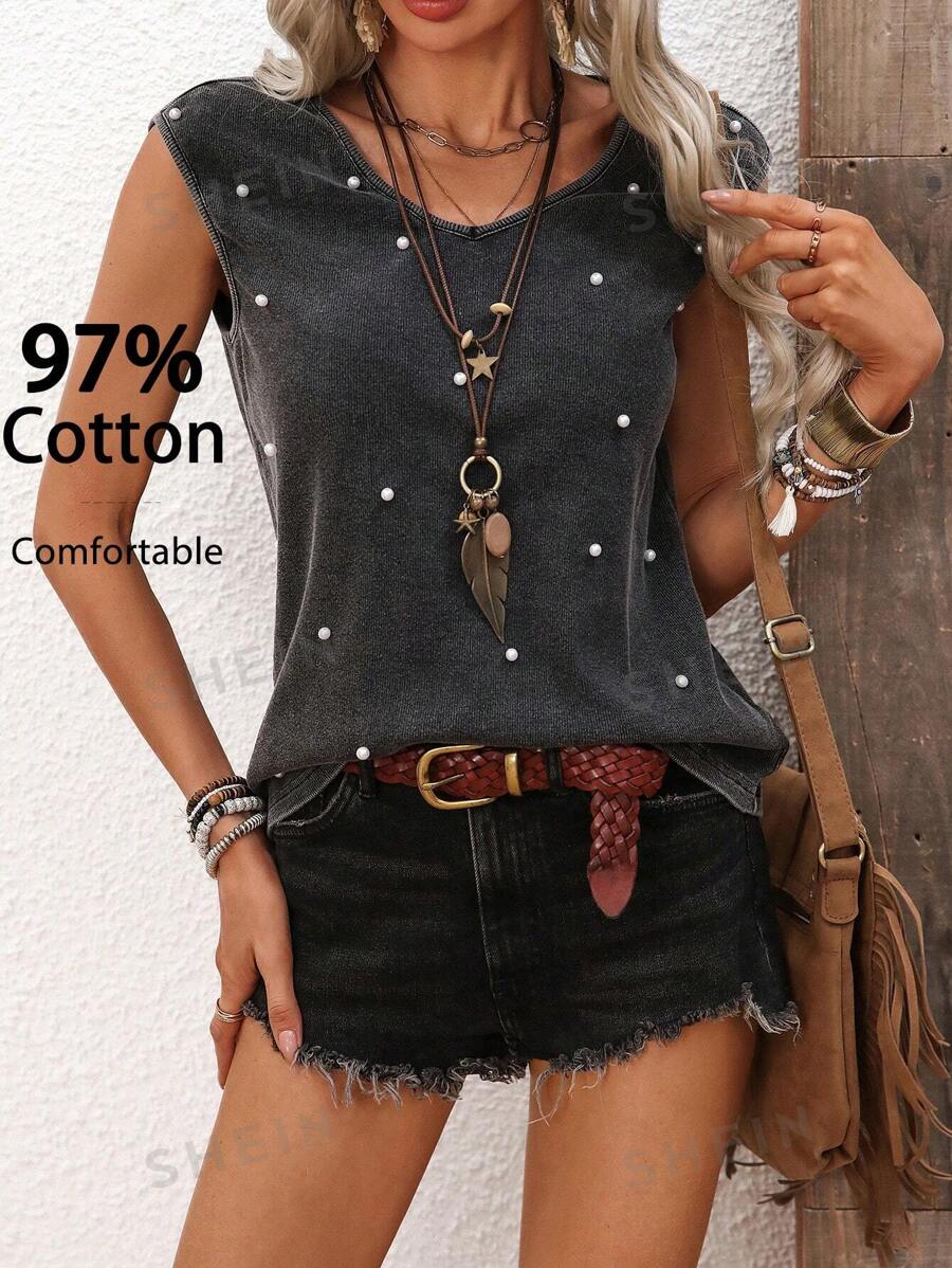SHEIN LUNE Parte superior sin mangas casual con cuello en V y cuentas lavadas para mujer, ideal para festivales de música, uso diario, tops de verano, tops cortos, camisas, vacaciones, salidas, playa, estilo occidental, conciertos, festivales bohemios, punk, fiesta