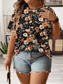 SHEIN LUNE T-shirt à col ras-du-cou ample à manches courtes avec imprimé floral " ditsy " tout-sur-tout, taille grande, adapté pour l'été