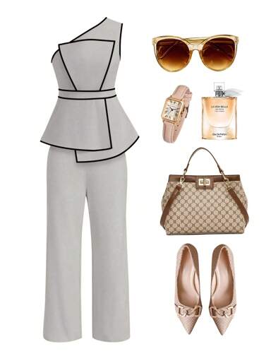 Ellevyn 1 套女士优雅斜肩短款上衣和长裤套装