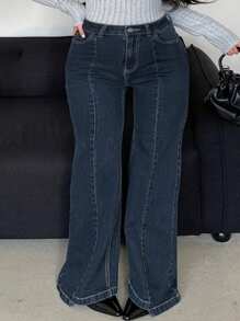 Dazy Plus Dark Wash Split-Hem Flare Jeans, Slimming, Suitable For All Seasons - Dark Wash - View 1