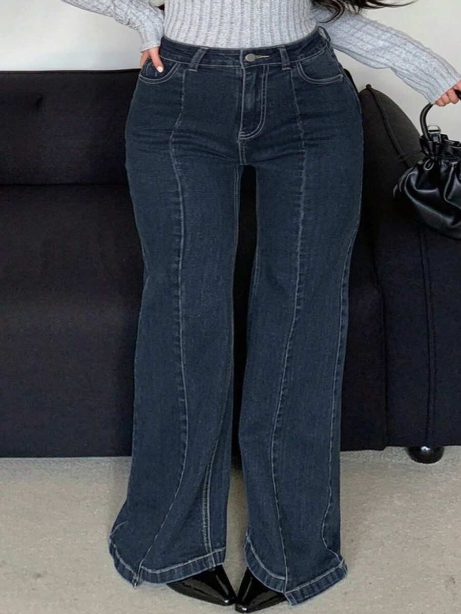 Dazy Plus Dark Wash Split-Hem Flare Jeans, Slimming, Suitable For All Seasons - Dark Wash - View 1