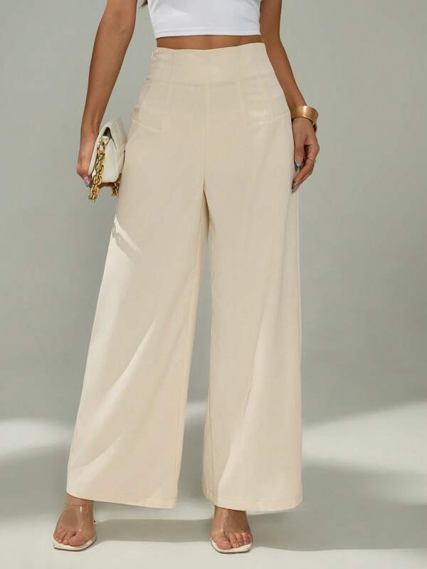 SHEIN PETITE Pantalones anchos de cintura alta con textura, moda casual sencilla para la temporada de vuelta al colegio, estilo de dinero viejo para ir y venir