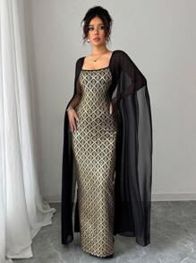 Rafferiza 女士优雅金属箔印花方领透明雪纺袖修身中长连衣裙