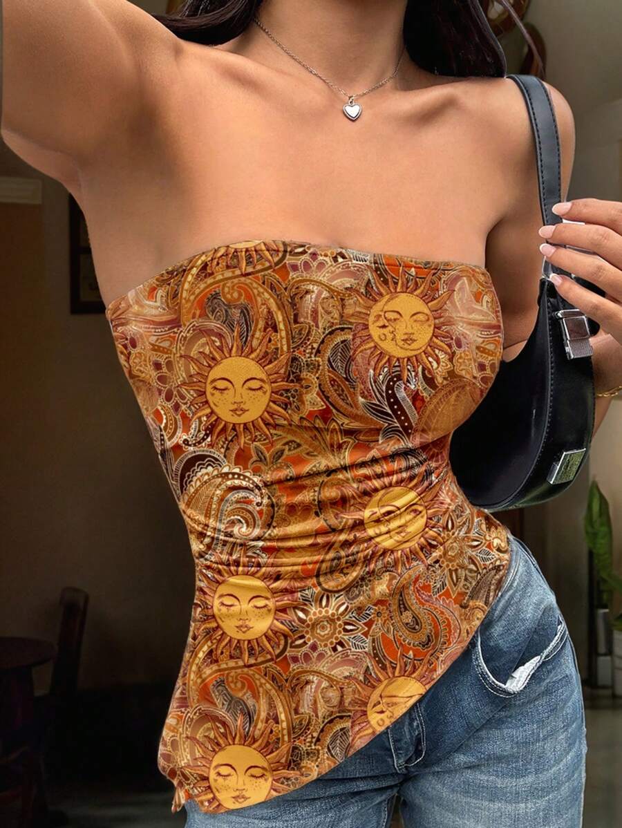 SHEIN EZwear Casual Minimalist Allover Grunge Style Cashew Flower & Paisley Pattern Women Summer Beach Festival Wear - Multicolor - View 1