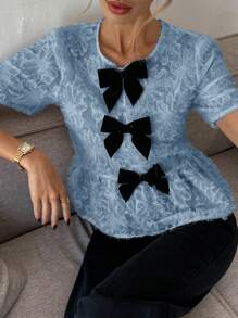 SHEIN Frenchy Women's Summer Elegant Solid Color Textured Bow Decor Blouse