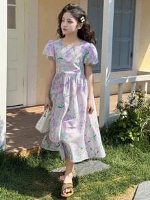 DAZY 少女休闲圆领短袖连衣裙，简约时尚，适合夏季、返校季、假期和复活节穿着。 - 紫色 - 查看 6