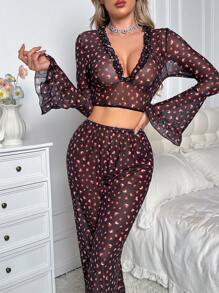 2pcs/Set Women Printed Mesh Deep V Sexy Lingerie Set - Black - View 1