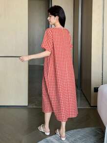 DAZY Cute Plaid Ruffle Edge Patchwork Lace Women Nightgown Pajama, Moo Moo